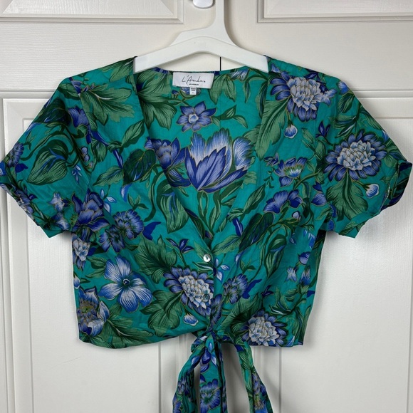 L'Academie Tops - L'Academie Teal and Blue Floral Crop Tie Waist Blouse - L